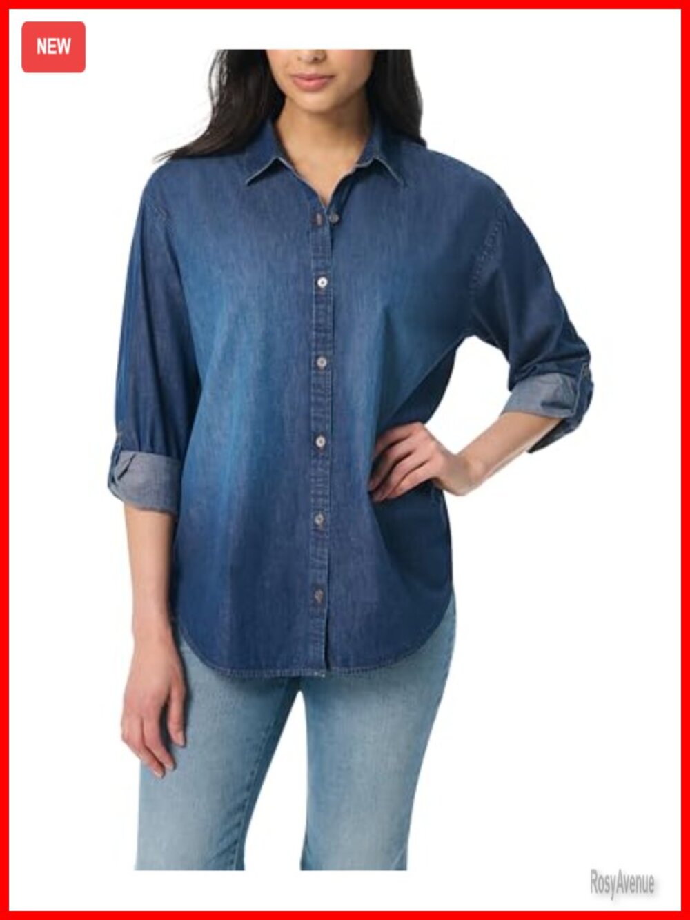 Oversized Button Down Shirt Roll-Tab Sleeves Point Collar High Low Hem